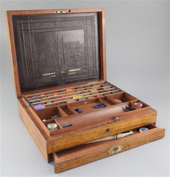 A Victorian J. Newmans Manufactory of Soho Square mahogany artistss box, 13.75 x 11in.